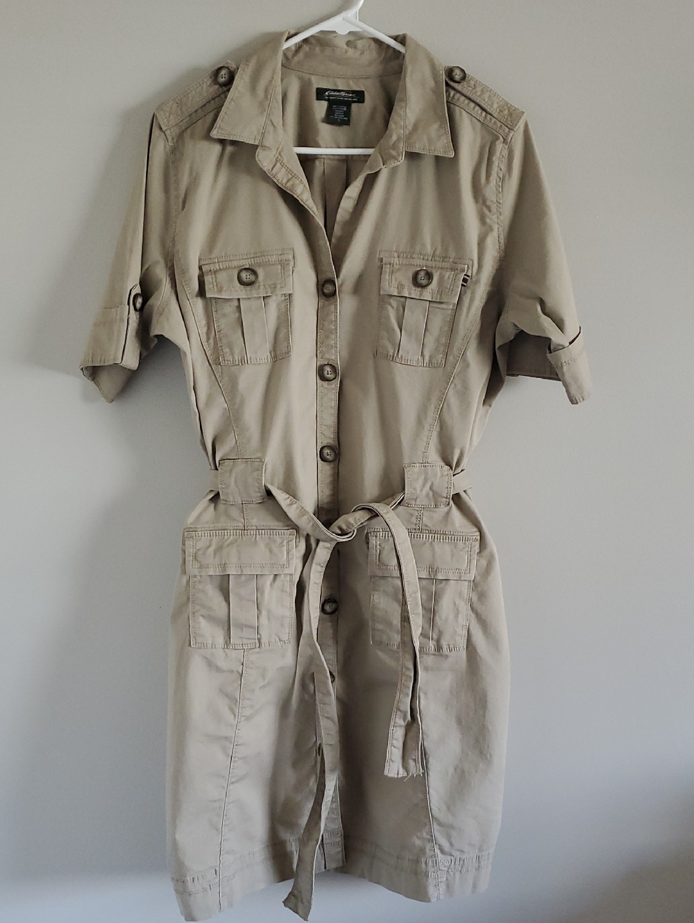 Eddie Bauer Classic Khaki Utility Military Style Cotton Mini Shirt  Dress Sz L
